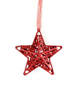圣诞红明星用白色背景上的丝带