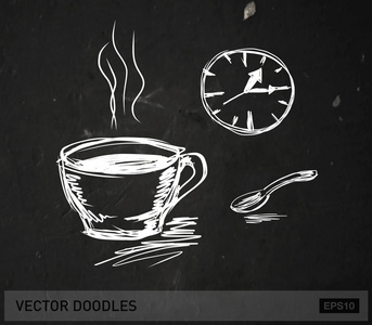矢量涂鸦粉笔在黑板杯咖啡 时钟和勺子