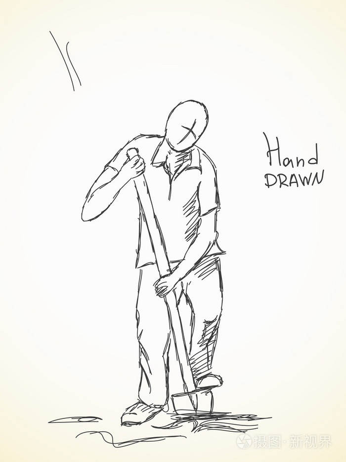 手的男子用铁锹挖地面的素描画