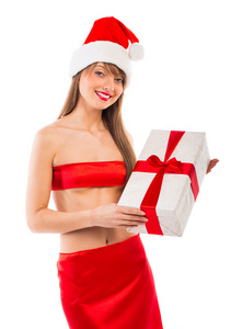 美丽的圣诞老人圣诞女孩带上白色孤立的礼物