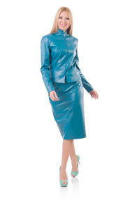 蓝色的皮革衣服的女人模型
