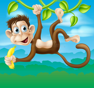 丛林中的猴子卡通在藤蔓上摇摆