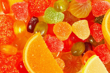 彩色果味甜品和果冻的背景特写