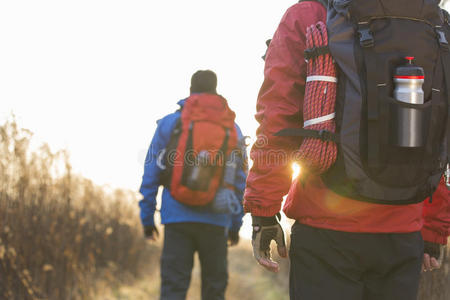 男性背包客在野外行走的后视图