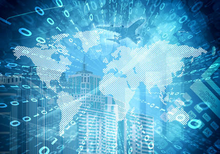 发光的数字和世界地图.高科技背景照片