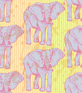 素描大象，矢量复古无缝图案