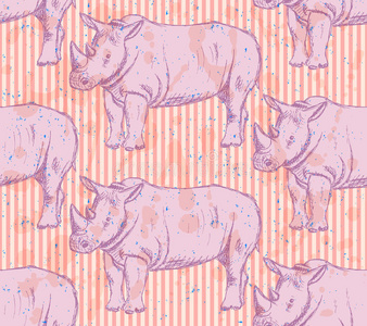 素描野犀牛，矢量无缝图案