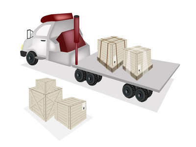 一辆拖拉机挂车平板车装载木箱