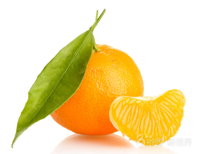 成熟甜橘叶，白色上孤立