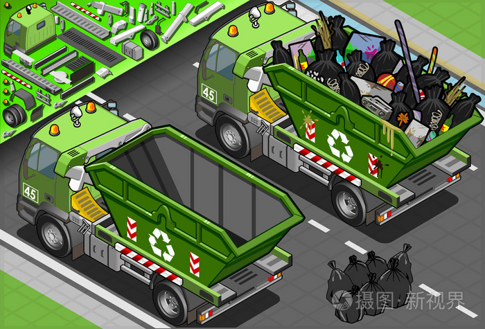 等距垃圾车与容器在后方的看法