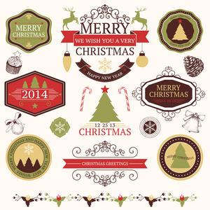 圣诞节和新年的设计在复古的颜色的图形元素矢量集合