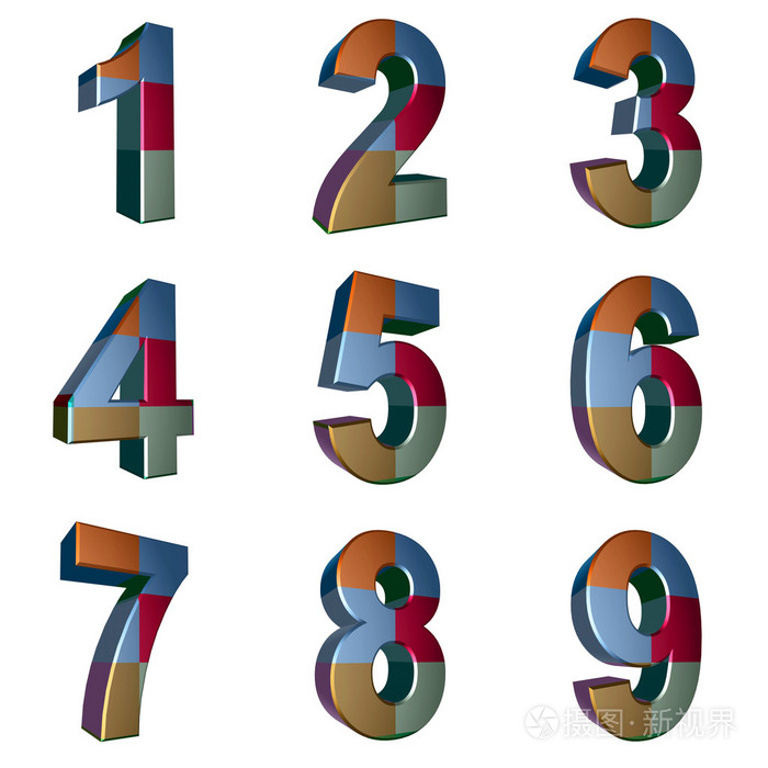 从1到9中在白色背景的彩色数字