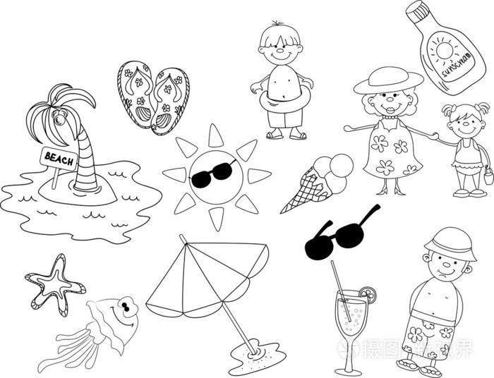 海滩图标集, 黑色和白色着色插画-正版商用图片1e1cfo-摄图新视界