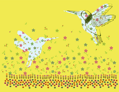 矢量图和一个小的鸟和五颜六色盛开洋地黄