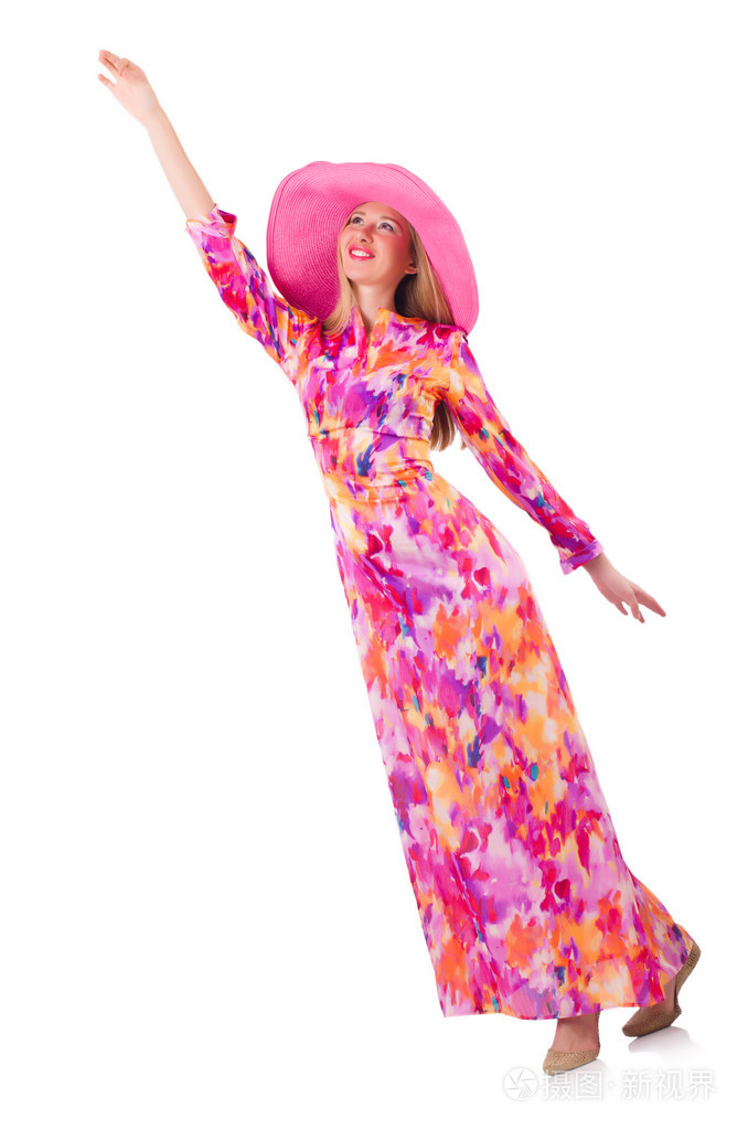 女人在孤立的白色衬底上的巴拿马草帽