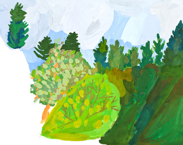 儿童图画绿色森林的山坡