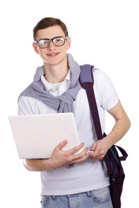 一个大学人与笔记本电脑的肖像