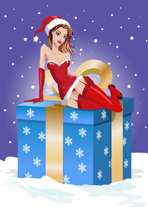 圣诞节的背景。的圣诞老人女孩坐在大礼品盒