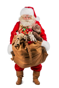 真正的圣诞老人背着大包充分的礼物的全长