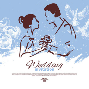 新婚夫妇笑着对夫妇卡通图标集的素描可爱微型场景中的小矮人连续线的