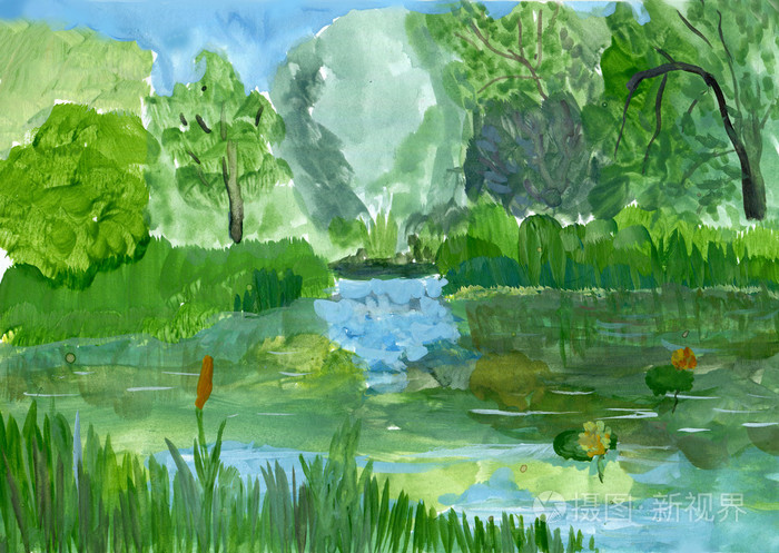 夏日风景水粉画写生模仿的儿童画板