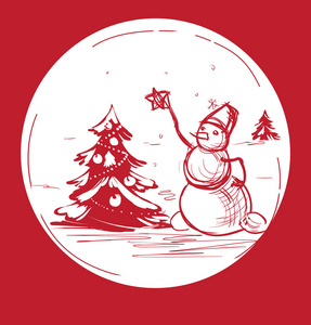 素描圣诞符号雪人与树图片