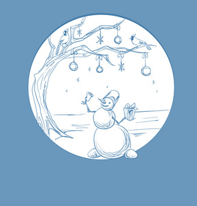 素描圣诞符号雪人与树图片