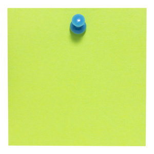 平坦绿色的方形粘滞便笺，用蓝色别针，孤立的白色背景上