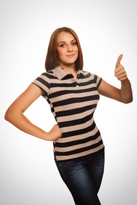 女人女孩显示积极迹象大拇指是孤立的条纹 t 恤情感
