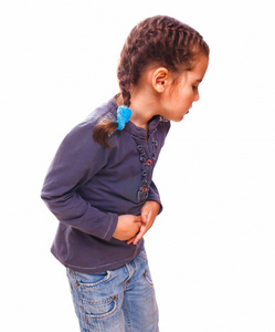 生病的孩子的小女孩在胃部痛，腹部疼痛和痉挛疾病的药物