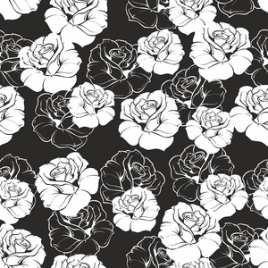 无缝的矢量深色的花纹在黑色背景上的白色复古玫瑰花。美丽抽象的老式质地，带粉红色的花朵和可爱的背景