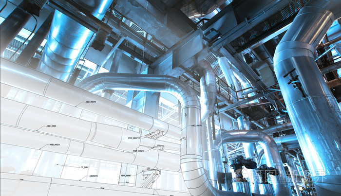 管道设计素描与工业设备照片混合