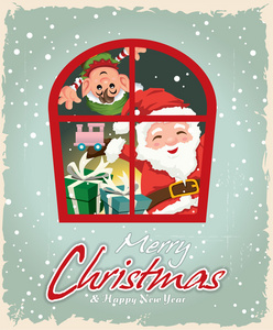 老式圣诞节海报设计与圣诞老人  精灵