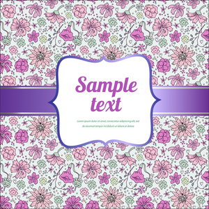 与标签，紫无缝花纹手工绘制矢量卡，嘟嘟的花朵