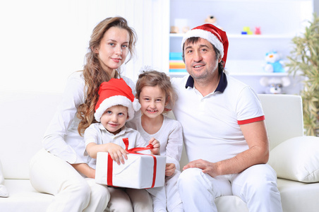 幸福的家庭，在圣诞帽子的肖像