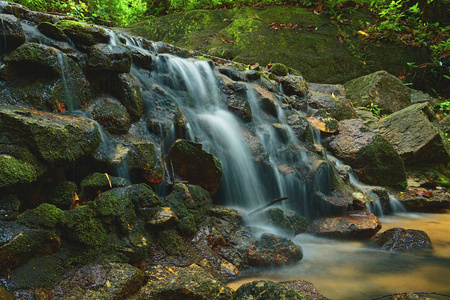 美丽的小瀑布流过森林的岩石