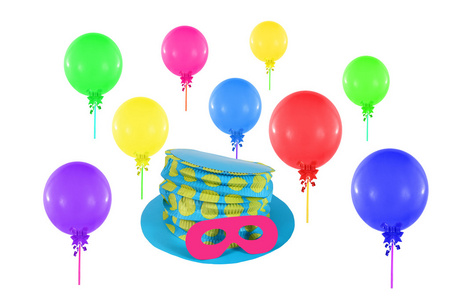 五颜六色的气球和戴着面具晚会和嘉年华的帽子