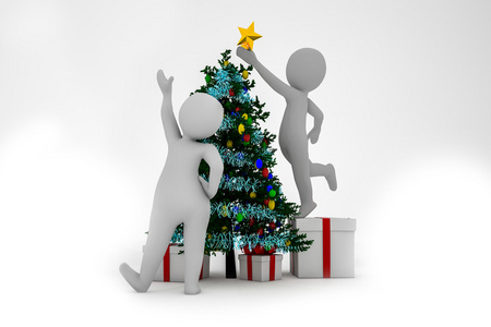 3d 的男人和女人礼品盒和圣诞树
