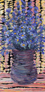 静物油画。黑暗的花瓶中的蓝色花束