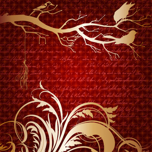 红色豪华背景与树分支和鸟类剪影