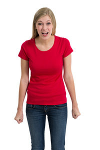 愤怒的女人和空白的红衬衫的合影