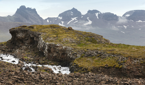 冰岛。东峡湾。景观与河流和山脉