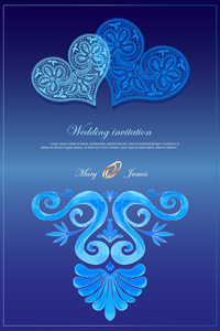 婚礼邀请饰有花边的心和水彩古希腊模式