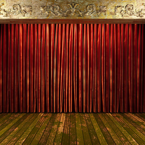 在舞台上的红布幕男手打开蓝色的窗帘用红色天鹅绒窗帘背景.