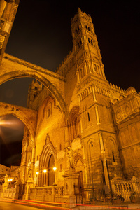 巴勒莫西部塔和门户的大教堂或大教堂在晚上