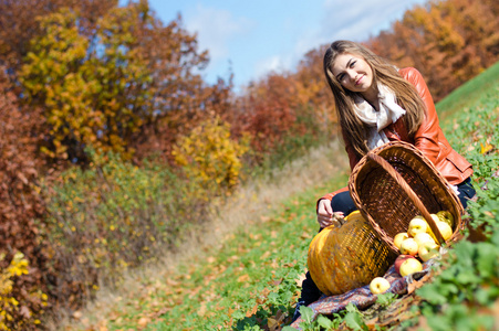 幸福的年轻女人，提着篮子新鲜的苹果