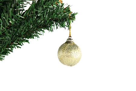 分支的圣诞树上挂着的金色小球