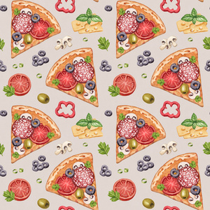 无缝模式与水彩的比萨饼插图图片