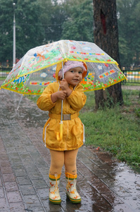 藏身于雨叔叔的黄色雨衣的两岁女孩