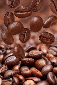 许多下降豆类和深度烘焙的咖啡